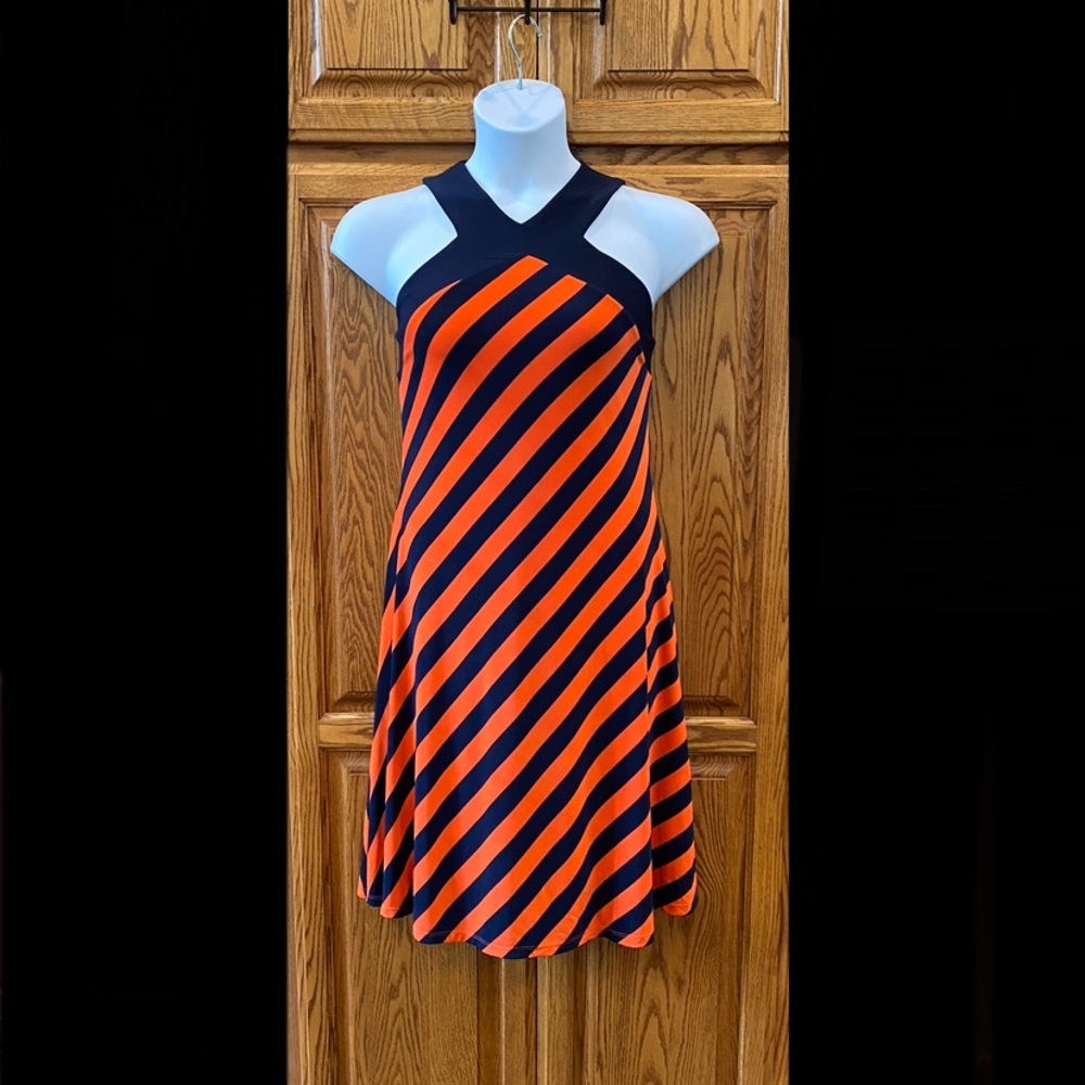 Lauren by Ralph Lauren Navy Blue & Orange Striped Midi Dress, Size Large
